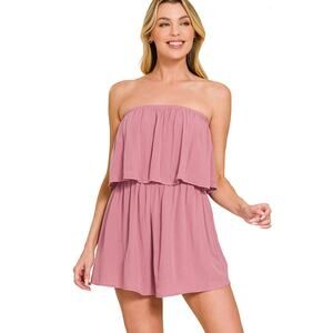 ZENANA WOVEN CRINKLE STRAPLESS ROMPER LT ROSE NEW